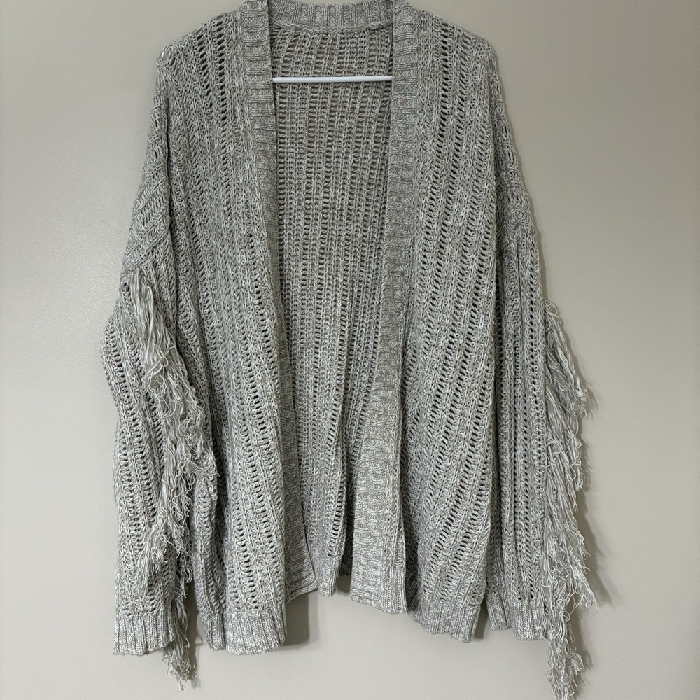 American Eagle Womens Beige Knit Sleeve Fringe Open Cardigan Sweater Large XL